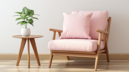 Contemporary minimalist living room interior with artwork painting and pink armchair