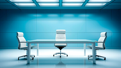 Sleek Empty Modern Conference Room in White Lights with Blue Wall. Business and Corporate Concept.