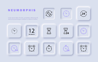 Clock set line icon. Hourglass, timer, second, hour, alarm clock, working day. Neomorphism style. Vector line icon for business and advertising