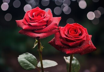 Two vivid red roses glisten with water droplets, showcasing their natural beauty.