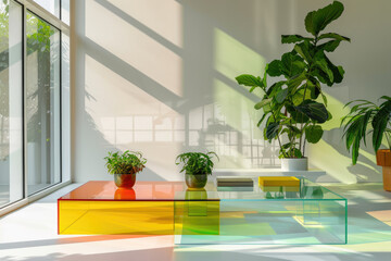 Modern living room with stylish glass and rainbow furniture furniture in minimalist style, with many plants