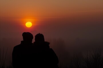 couple watching sunset obscured by thick smog