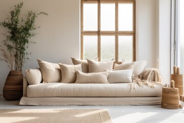 Fototapeta premium This photo features a simple living room with a couch positioned under a window, providing a view of the outside.