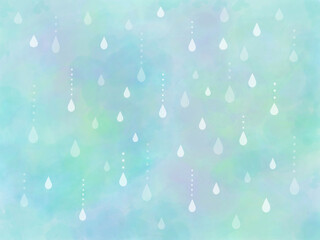 淡い緑色の背景に降る雨粒の水彩イラスト