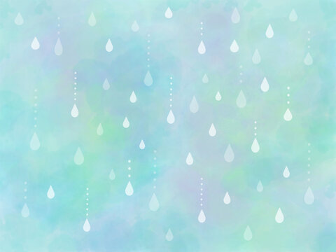 淡い緑色の背景に降る雨粒の水彩イラスト