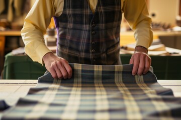 tailor smoothing fabric on cutting table