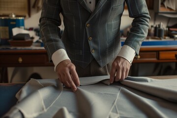 Obraz na płótnie Canvas tailor smoothing fabric on cutting table
