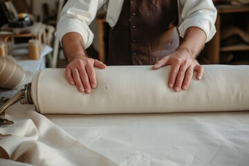 tailor rolling out a bolt of cotton fabric onto the table