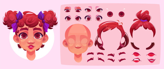 Little girl face construction kit with eye and lip shapes and positions, eyebrows and hairstyle. Cartoon set of female child portrait generator for creation of kid avatar with different emotions.