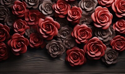 A collection of vibrant red and rich brown paper flowers arranged in a lively arrangement.