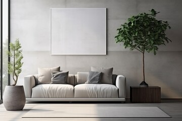 Minimalistic living room interior with black frame mockup and contemporary design
