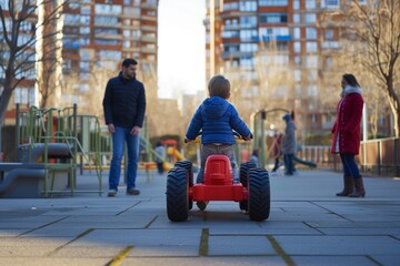 Obraz premium child on toy tractor, city playground, parents