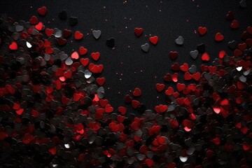 A photo showcasing red and black hearts arranged on a black background.