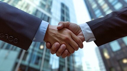two business professionals in a moment of agreement, handshake, skyscraper office background, symbolizing successful negotiation