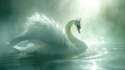 Graceful swan wearing a pearl-studded tiara, draped in a flowing chiffon gown, surrounded by misty waters, bathed in ethereal moonbeams, exuding elegance and serenityv