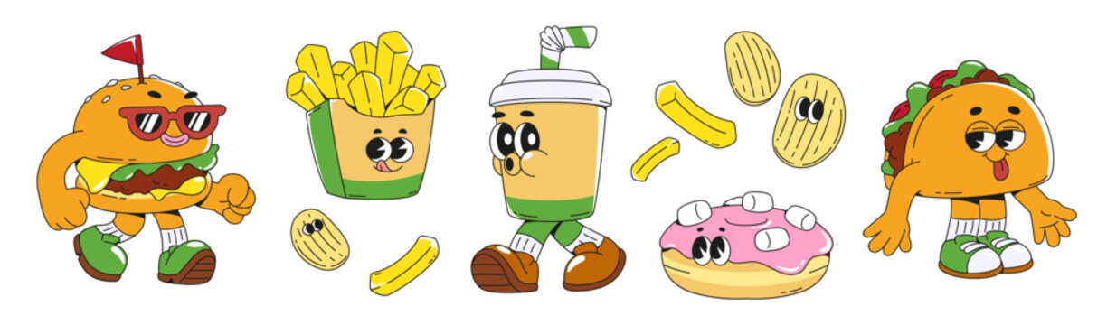 Retro groovy style food cartoon character set with cute faces. Funky fast food and drink mascot with emotions - hamburger and fries, soda plastic cup and donut with marshmallow, taco and chips