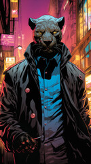 he enigmatic panther, clad in a sleek midnight velvet coat, prowls through a neon-lit urban jungle. A diamond-studded collar gleams, and its emerald eyes reflect the city's nocturnal mystique, exuding