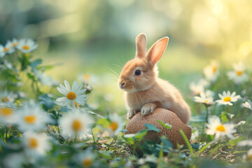 Rabbit in the grass. Portrait of a bunny with a brown egg shell in a grass with white daises on a sunny spring day.