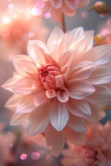 Closeup of soft pink dahlia flower with ethereal pink shimmer. Dreamlike spring summer theme. Smartphone wallpaper background idea.