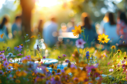 Group of friends enjoying a healthy meal outdoors, nature, healthy food and flowers, blur background