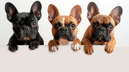 Three French bulldogs looking over a blank poster / banner cut ouy and isolated with copy space for text