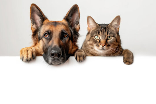 A German shepherd / alsation dog and a cat looking over a blank poster / placard cut out and isolated with copy space for text