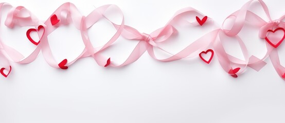 A photo featuring a pink ribbon adorned with hearts placed on a plain white background.