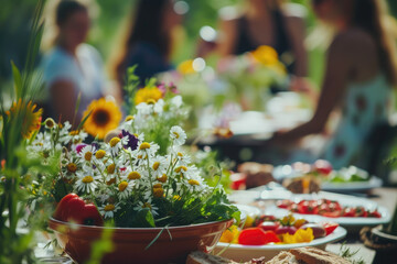 Group of friends enjoying a healthy meal outdoors, nature, healthy food and flowers, blur background