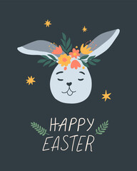 Holiday Easter card with bunny in wreath, lettering, flowers. Cute vector illustration for advent, greeting card, banner, t shirt, print, decoration and more.