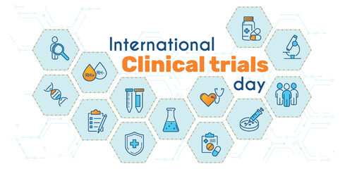International Clinical Trials Day May 20. Vector illustration in blue and orange color. Concept, banner, infographics related to medicine and health.