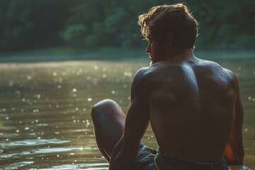 Young handsome muscular man sitting on the edge of a muddy river in style of pensive portraiture. Warm sunlight illuminating the surface of the water