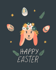 Happy Easter card with bunny in wreath, lettering, flowers and easter eggs. Cute vector illustration for advent, greeting card, banner, t shirt, print, decoration and more.