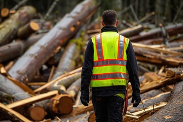 lumberjack with reflective vest walking among logs