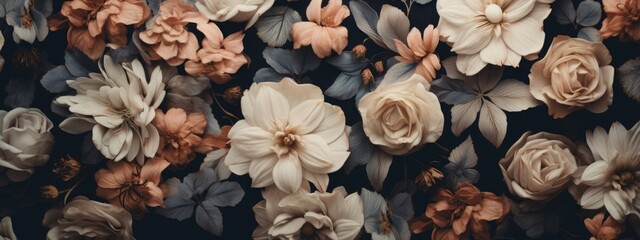 A photograph of a collection of various flowers arranged on a wall, showcasing their vibrant colors and diverse shapes. - obrazy, fototapety, plakaty