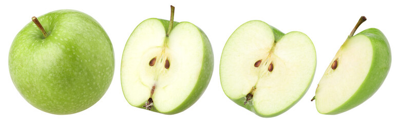 green apple (granny smith apple), half and slice isolated, transparent PNG, collection, PNG format, cut out