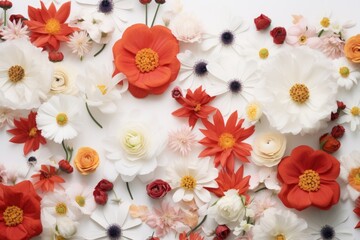 A vibrant assortment of flowers arranged on a wall, adding color and beauty to the surrounding environment.