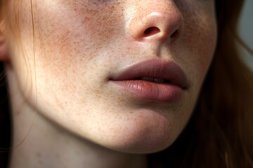 Close up portrait of freckled skin of a red-haired green-eyed young girl with plump sexy lips