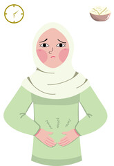 A Muslim girl looks very hungry and can't wait to break his fast