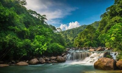 Naklejka na ściany i meble Waterfall hidden in the tropical jungle, amazing nature