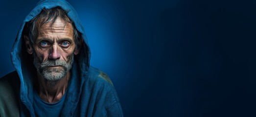 Obraz premium A solitary homeless man, 50 years old, with a somber expression, emphasizing the harsh reality of homelessness on a solid muted blue background