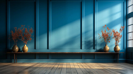 Blue wall and wooden floor interior for presentation background