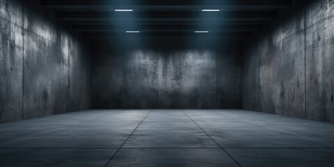 Concrete big room hall Grungy corridor warehouse with futuristic lighting. Modern industrial factory interior