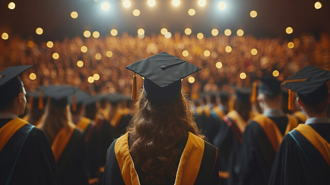 Graduate Overlooking Ceremony Hall Full of Students.Rear view of a graduate in a cap and gown overlooking a hall filled with seated graduates during a commencement ceremony.