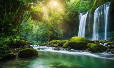 Waterfall hidden in the tropical jungle, amazing nature