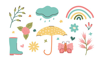 Doodle Spring elements for stickers or decoration of cards and posters. Hand drawn umbrella, butterfly, rainbow and flowers. Light cute minimalistic Springtime collection