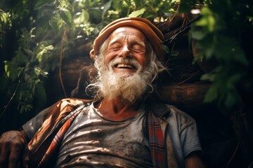  Joyful elderly homeless man, 75 years old, Hispanic, surrounded by the simplicity of nature, finding happiness in the midst of life's challenges - obrazy, fototapety, plakaty