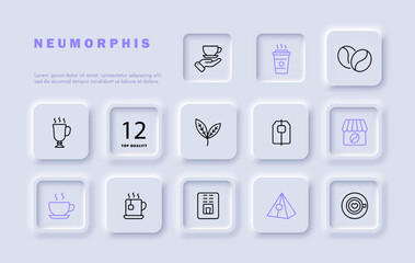 Coffee set line icon. Grains, cup, glass, drink, vigor, caffeine, tea, cafe, menu. Neomorphism style. Vector line icon for business and advertising