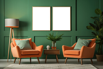 A photo of a living room featuring green walls and two orange chairs.
