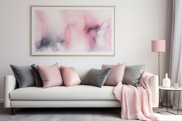 This photo captures a simple living room with a couch and a painting on the wall.