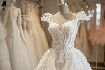 mannequin showcasing a 3d printed wedding dress in a bridal shop